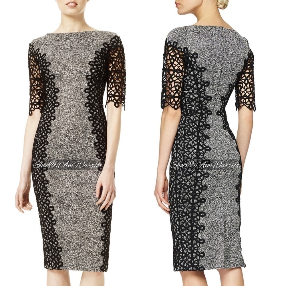 Lela Rose Textured Sheath Dress w/ Black Corded Lace Panels *shop@iAmWarrior - Picture 2 of 12